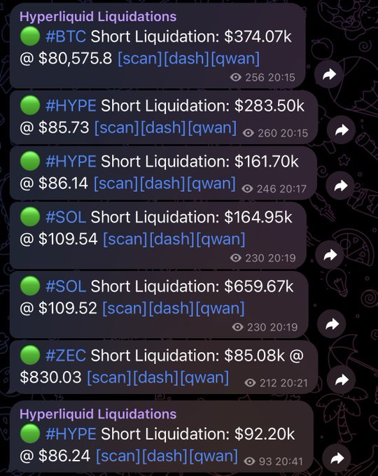 A Telegram channel showing Hyperliquid Liquidation alerts, including #BTC Short Liquidation: $374.07k @ $80,575.8 along with several #HYPE, #SOL, and #ZEC short liquidations with links to scan, dash, and qwan.