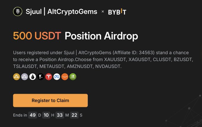Bybit promotional banner offering a $500 USDT Position Airdrop to users registered under affiliate "Sjuul | AltCryptoGems" (ID: 34563), with eligible pairs including XAUUSDT, XAGUSDT, CLUSDT, BZUSDT, TSLAUSDT, METAUSDT, AMZNUSDT, and NVDAUSDT, and a countdown timer showing 49 days, 10 hours, 33 minutes, and 22 seconds remaining.