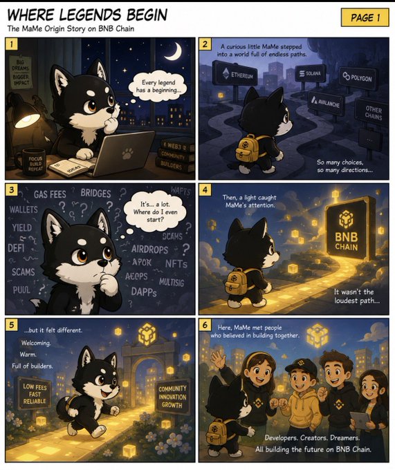 Comic strip titled 'Where Legends Begin: The MaMe Origin Story on BNB Chain,' depicting a curious dog-like character exploring crypto chains and discovering BNB Chain's welcoming community of builders.