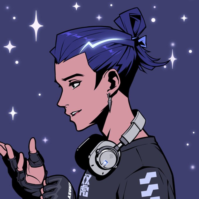 An anime-style illustration of a character with blue hair tied in a topknot, wearing headphones around their neck and fingerless gloves against a starry night background.