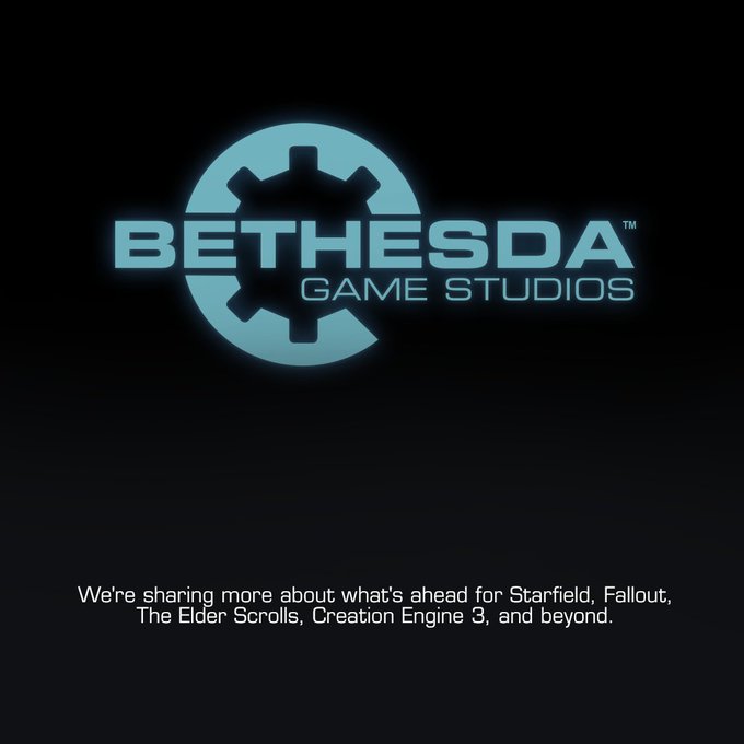 The image displays the Bethesda Game Studios logo on a black background with the text "We're sharing more about what's ahead for Starfield, Fallout, The Elder Scrolls, Creation Engine 3, and beyond." The post humorously references initial panic that Bethesda was shutting down due to "Web3 gaming PTSD," but the image actually announces an exciting expansion of their existing franchises rather than a closure.
