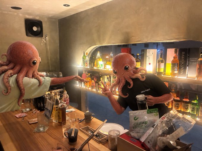 AI-generated image of two people wearing octopus head masks at a bar, with one handing a drink to the other across a counter lined with liquor bottles.