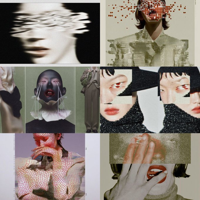 A collage of six surreal, glitch-art style portraits featuring distorted faces, pixelated halftones, fragmented body parts, and abstracted human forms with muted and earthy color palettes.