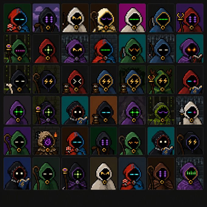 A grid of 42 pixel art character portraits, each depicting a hooded figure with different colored robes (purple, red, green, blue, white) and various facial expressions or accessories.