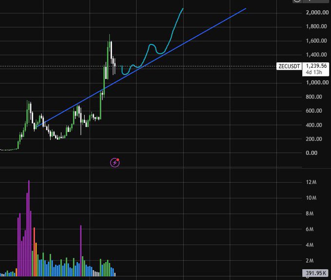 A dark-themed financial chart showing the ZECUSDT pair trading at approximately 1,239.56, featuring a blue trendline, a cyan price line, and volume bars at the bottom.