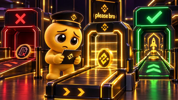A 3D-rendered cartoon character with a sad expression stands at a cryptocurrency-themed checkpoint, holding a device while a sign reads 'please bro' above a glowing golden portal between red 'X' and green checkmark gates.