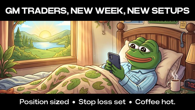 An illustrated Pepe the Frog meme captioned "GM TRADERS, NEW WEEK, NEW SETUPS" with text "Position sized • Stop loss set • Coffee hot." showing Pepe in bed with a phone and coffee.