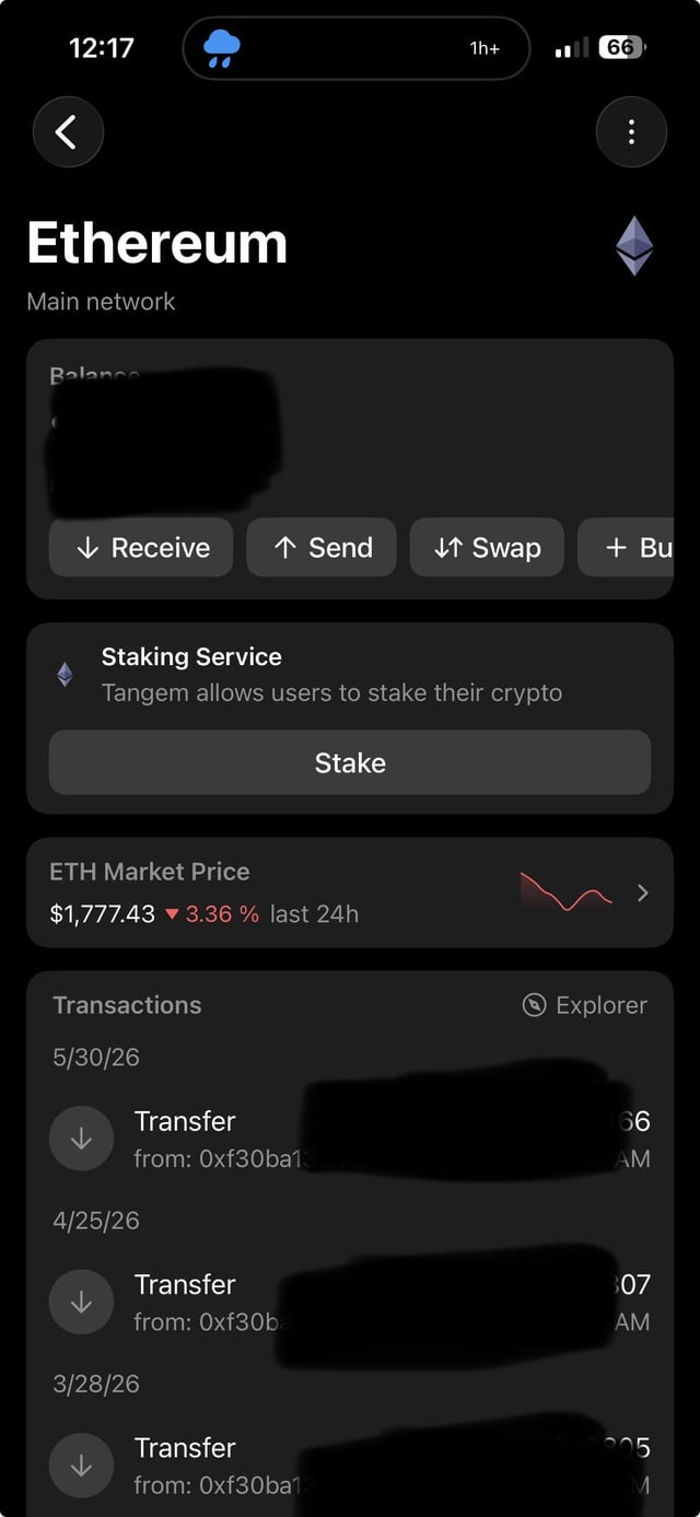 The image shows a phone screen displaying information about an Ethereum account, including its balance and transactions. The text "ETHEREUM STaking" can be seen at the top of the image. This suggests that the user might have recently made or is planning to make a transaction on their Ethereum account using the Staking Service feature.