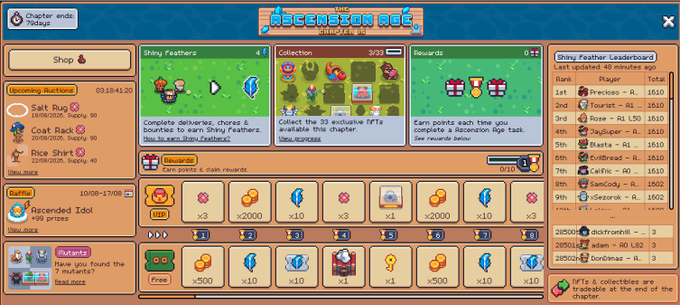 The image displays "The Ascension Arc" Chapter Endi event interface showing 48,591 active Bumpkins, featuring a Shiny Feather Collection (3/3 complete) with rewards including bacon, coins, and gems available on a milestone progress bar at 0/10.