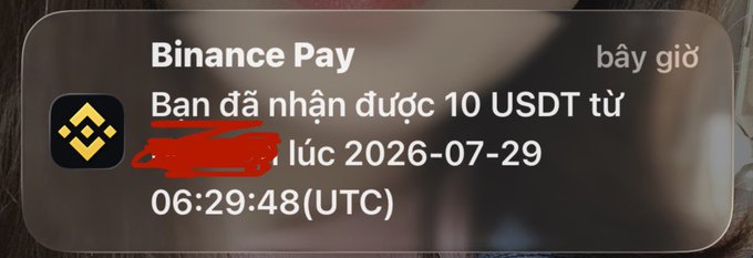 Screenshot of a Binance Pay notification in Vietnamese reading 'Bạn đã nhận được 10 USDT từ [redacted] lúc 2026-07-29 06:29:48(UTC)' with 'bây giờ' displayed at the top.