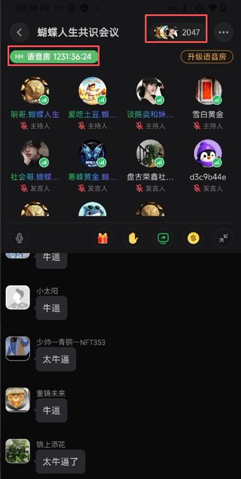 A screenshot of a Chinese social audio chat application ('蜘蛛人生共识会议') showing multiple speakers and chat messages.