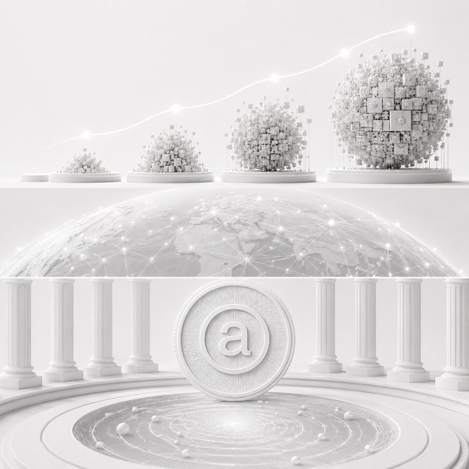 A white 3D rendering showing spheres composed of small cubes growing progressively larger above a wireframe globe, and a coin with an 'a' symbol resting on a pedestal.