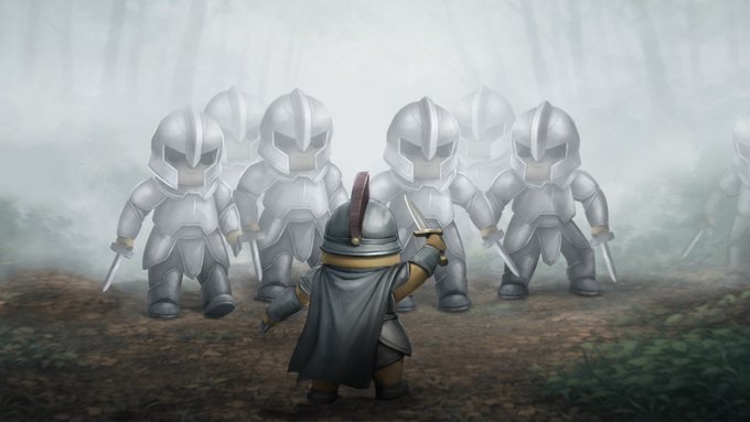 A lone warrior with a sword and shield stands with their back to the viewer, facing a group of armored knights emerging from a misty forest, capturing a tense moment of confrontation. The image visually reinforces the post's defiant tone of confronting obstacles on the path toward a bold "Degen Odyssey."