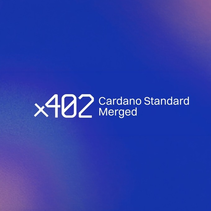 A blue and purple gradient graphic displays the text '×402 Cardano Standard Merged'.