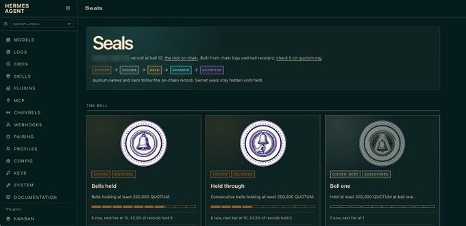 A screenshot of the Hermes Agent web interface showing the 'Seals' page with information about quantum-based seals built from chain logs and bell receipts, featuring tiers like 'Bells held', 'Held through', and 'Bell one'.