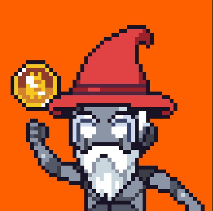 Pixel art of a wizard character with a white beard and large red pointed hat, holding a glowing yellow orb on an orange background.