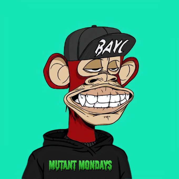 A cartoon illustration of a Bored Ape Yacht Club (BAYC) monkey character wearing a black 'BAYC' cap and a hoodie reading 'MUTANT MONDAYS' in green text against a teal background.