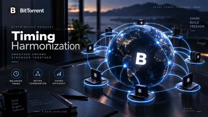 A promotional graphic for BitTorrent titled 'Timing Harmonization' featuring a glowing blue globe connected to multiple nodes with the letter 'B', highlighting 'Balanced Timing', 'Better Coordination', and 'Higher Efficiency'.