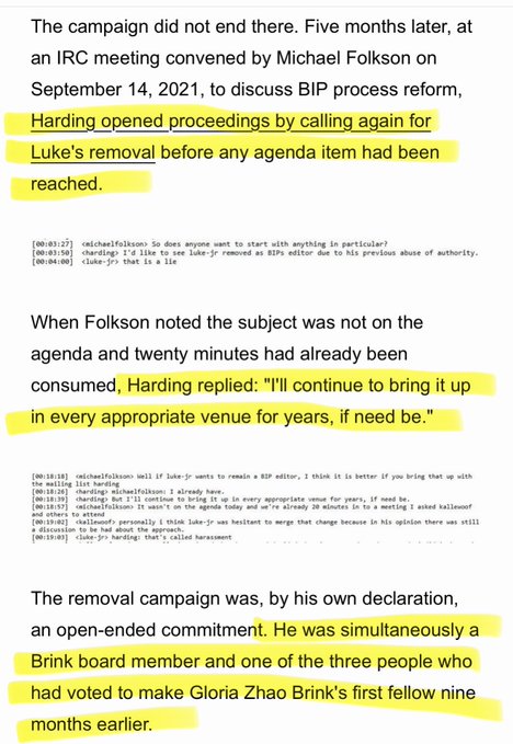 A text excerpt documenting events from an IRC meeting on September 14, 2021, regarding BIP process reform, highlighting how 'Harding' repeatedly called for 'Luke's removal' before agenda items were addressed, describing it as an open-ended removal campaign.