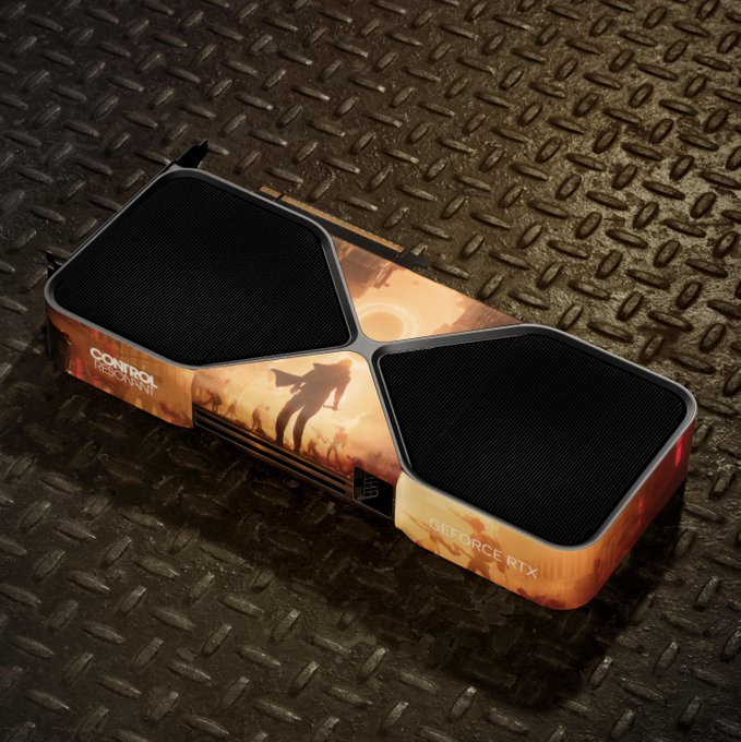 A GeForce RTX graphics card with a Control-inspired skin rests on a diamond-plate metal surface, featuring a silhouette of a figure with a gun against an orange sky.