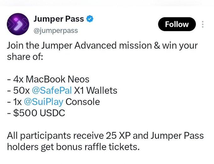 A Twitter/X post from Jumper Pass (@jumperpass) announcing a giveaway including 4 MacBook Neos, 50 SafePal X1 Wallets, a SuiPlay Console, and $500 USDC.