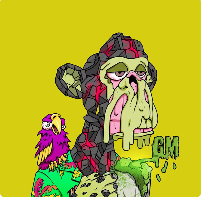 A cartoon-style illustration features a skull-like figure with melting, gooey features, wearing a red and gray rock-like helmet, with a purple parrot perched on its shoulder against a bright yellow background.
