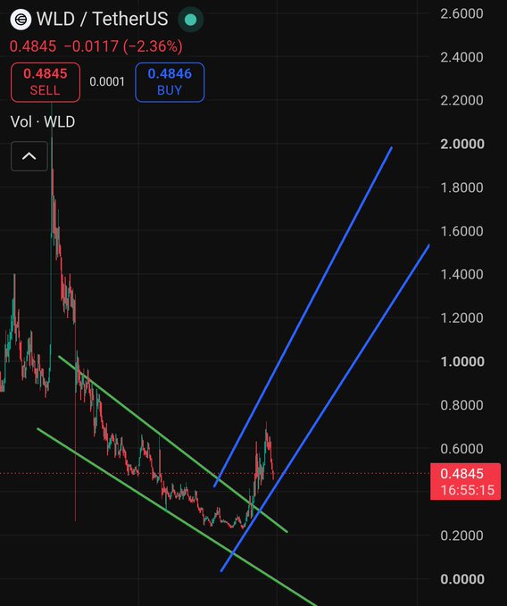 A trading chart of WLD/USDT showing the current price at $0.4845 with a 2.36% decline, featuring a green downward channel that has been broken and two blue upward projection lines targeting the $1.20-$2.00 range, visually supporting the post's bullish outlook for a rebound to $0.80-$1.00.