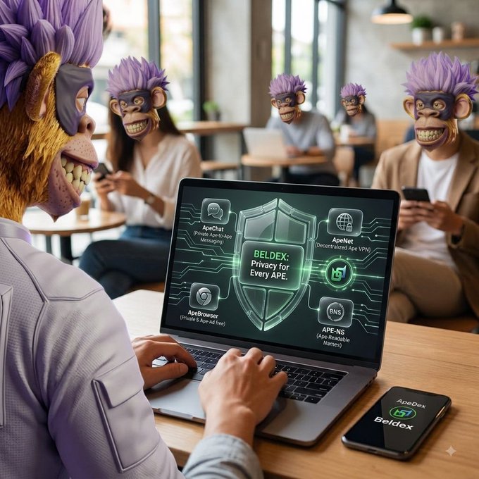 A digitally edited image of people wearing monkey/Ape masks using a laptop displaying 'BELDEX: Privacy for Every APE' with various privacy features.