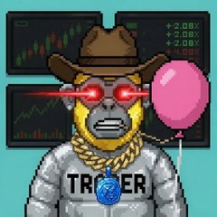 An animated meme character styled as a Wall Street trader wearing a cowboy hat and laser eyes, holding a pink balloon. Text on chest reads 'TR' and a blue 'TRUMP' token logo.