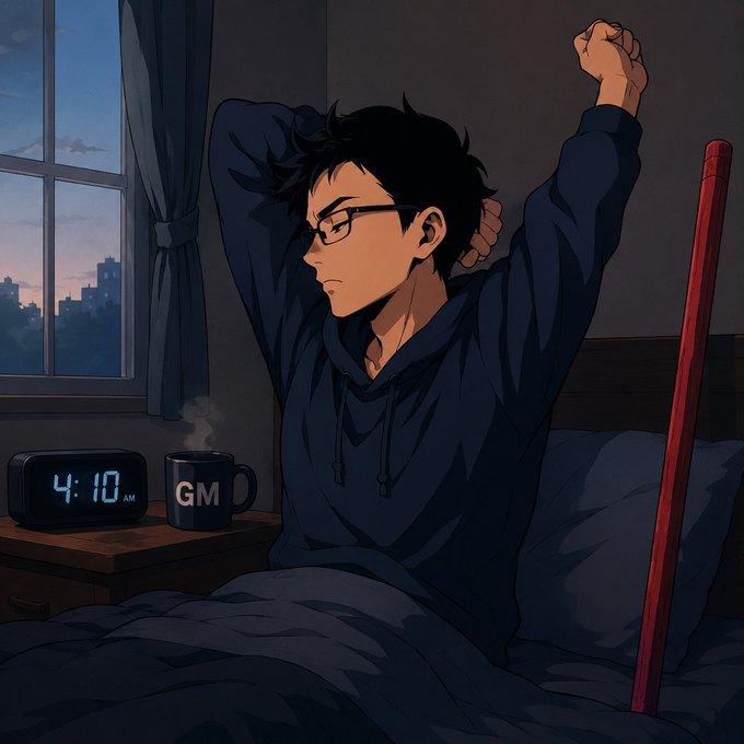 An anime-style illustration of a dark-haired young man with glasses stretching in bed at 4:10 AM, with a steaming 'GM' coffee mug on the nightstand beside him.