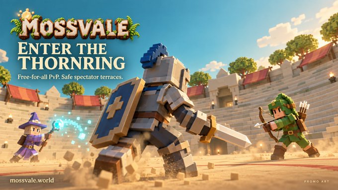 Promotional art for 'MOSSVALE - ENTER THE THORNRING,' described as 'Free-for-all PvP. Safe spectator terraces,' showing blocky characters including a knight in armor and archers battling in a sandy arena (mossvale.world).