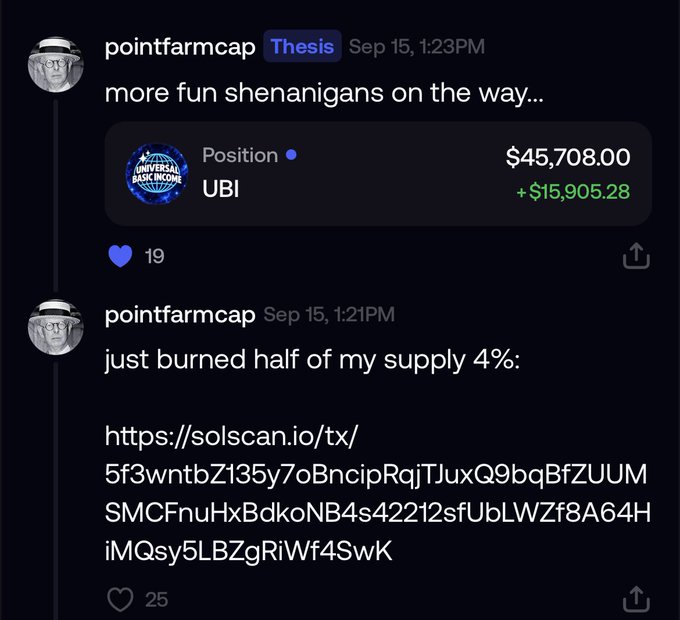 A Twitter/X screenshot from 'pointfarmcap' showing a position worth $45,708.00 in 'UBI' (Universal Basic Income) gaining +$15,905.28, with a message 'just burned half of my supply 4%:' and a Solana transaction link.
