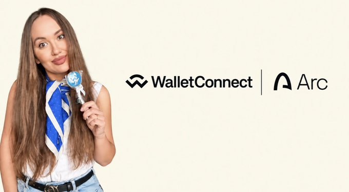 A promotional image featuring a woman holding a wand next to the WalletConnect and Arc logos.
