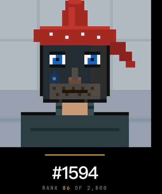 Pixel art NFT portrait of a dark-skinned character with a beard, blue eyes, and a red hat, labeled "#1594, RANK 86 OF 2,800."