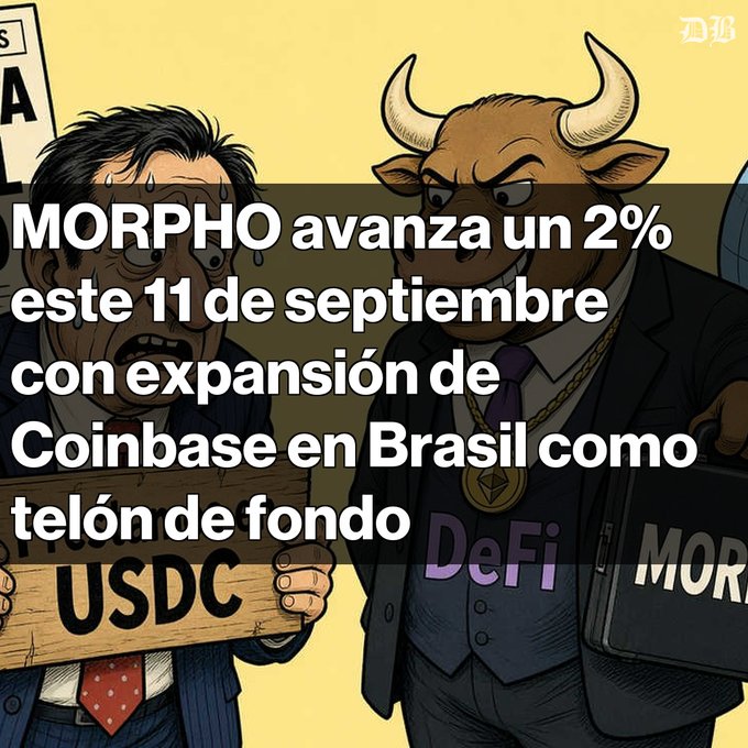 Cartoon illustration with the Spanish headline 'MORPHO avanza un 2% este 11 de septiembre con expansión de Coinbase en Brasil como telón de fondo', depicting cartoon characters labeled USDC, DeFi, and MORPHO.