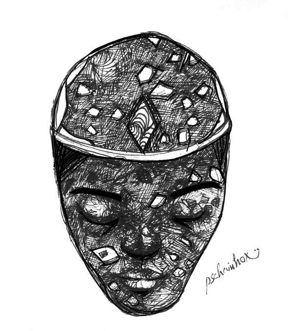 A black and white pen sketch of a face with closed eyes and geometric patterns across the forehead and head, signed 'pschrinhor'.