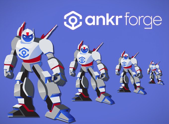 Promotional artwork for "ankr forge" shows four robotic figures in white, blue, and red armor with the Ankr logo, displayed in decreasing size against a solid blue background.