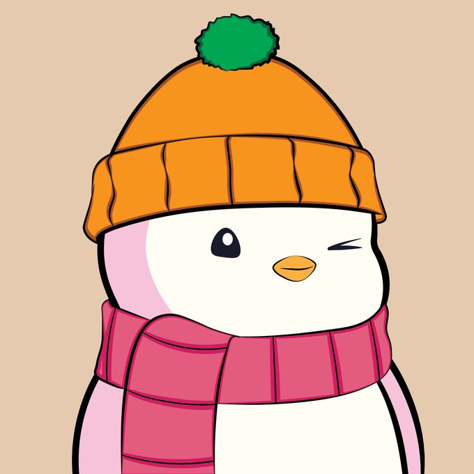 A simple cartoon penguin wearing an orange beanie with a green pom-pom and a pink scarf, winking at the viewer.