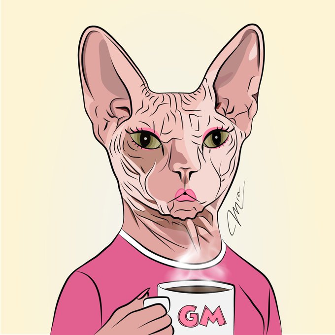 An illustration features a hairless cat (Sphynx) with green eyes and pink lipstick, wearing a pink shirt and holding a steaming mug labeled 'GM'.