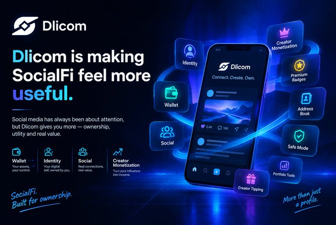 A promotional graphic for 'Dlicom' with the headline 'Dlicom is making SocialFi feel more useful' and features like Wallet, Identity, Social, Creator Monetization, and a smartphone mockup.