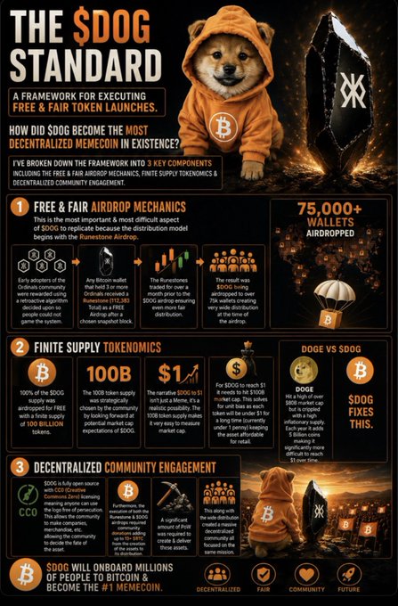 An infographic titled 'THE $DOG STANDARD' explaining the framework for executing free & fair token launches, detailing free & fair airdrop mechanics, finite supply tokenomics, and decentralized community engagement.