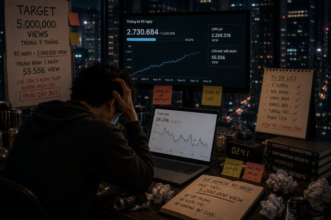 A person working late at night in front of monitors, surrounded by sticky notes with goals like 'TARGET 5,000,000 VIEWS', '1 NGÀY FLOP NHƯNG NGÀY SAU PHẢI CÀY BÙ!', and a to-do list, with charts showing progress at 54.8% (2,730,684/5,000,000).