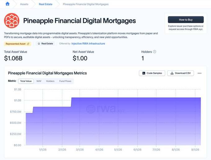 A webpage from rwa.xyz showing "Pineapple Financial Digital Mortgages" with a Total Asset Value of $1.06B and 1 holder, featuring a purple metrics chart.