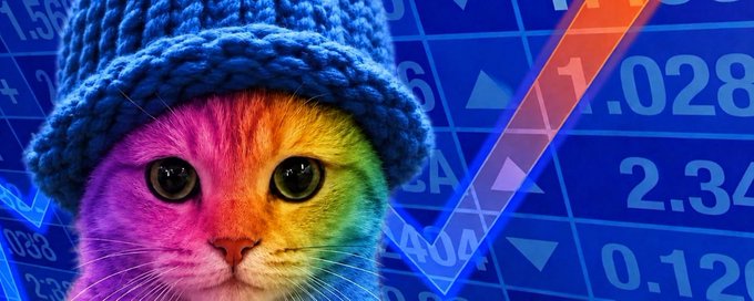 A digitally edited image of an orange tabby cat wearing a blue knitted beanie hat, with its face colored in rainbow hues, set against a background of falling stock market numbers and red/blue trend lines.