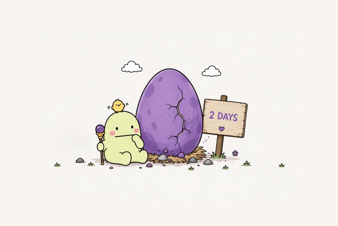A cute yellow Gloob character holding a staff stands next to a large purple cracked egg with a sign reading "2 DAYS," illustrating the upcoming evolution event where staked Gloobs will hatch into new forms. The image captures the anticipation of the countdown, with small details like the chick on the Gloob's head and the broken egg hinting at the imminent transformation.