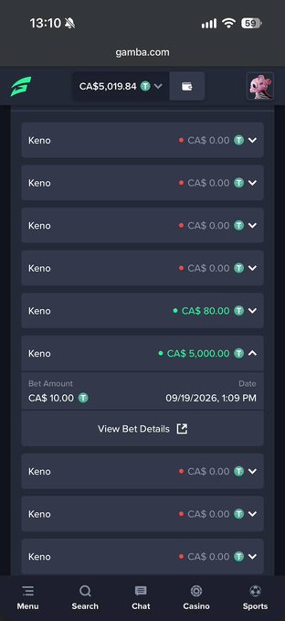 A screenshot of the Gamba casino app showing a CA$5,000 Keno win placed on 09/19/2026 at 1:09 PM, alongside a balance of CA$5,019.84. The image serves as proof of the $5,000 hit referenced in the post, supporting the user's announcement of returning to the platform and running a giveaway.