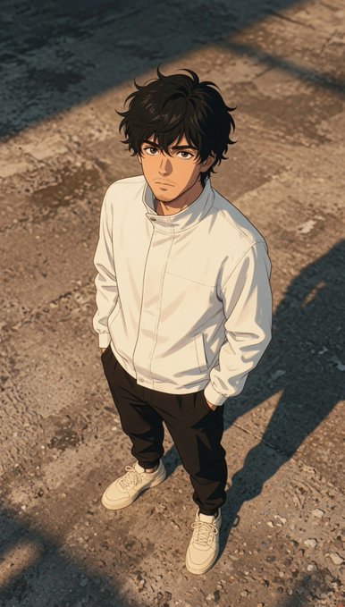 An anime-style illustration of a young man with messy dark hair wearing a white jacket and dark pants, standing on a dirt path with his hands in his pockets.