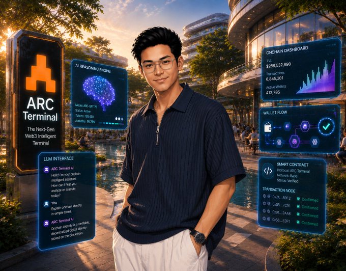 An AI-generated portrait of a young man with glasses standing in a futuristic outdoor setting, surrounded by holographic dashboards for 'ARC Terminal' displaying on-chain analytics, wallet flows, and an LLM interface.