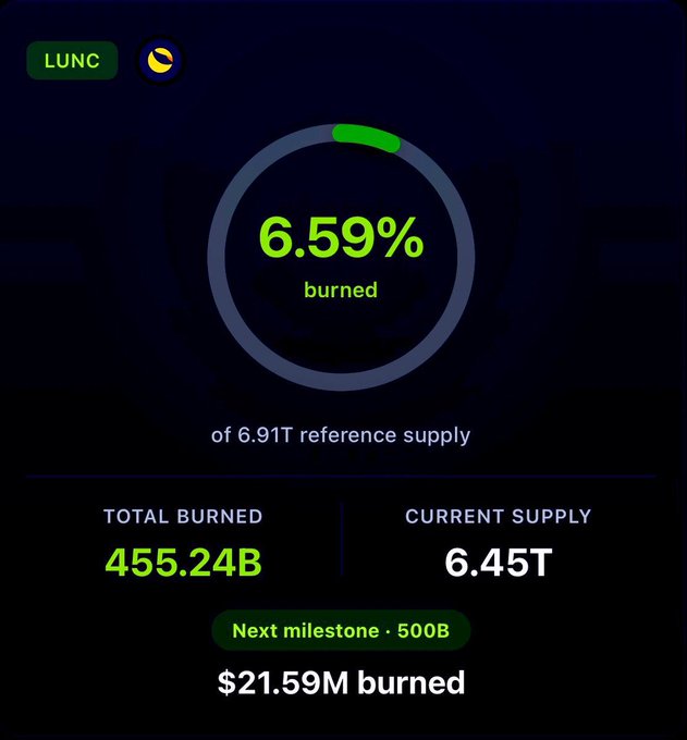 A dashboard displaying tokenomics data for "LUNC" showing 6.59% burned, 455.24B total burned, and $21.59M burned.