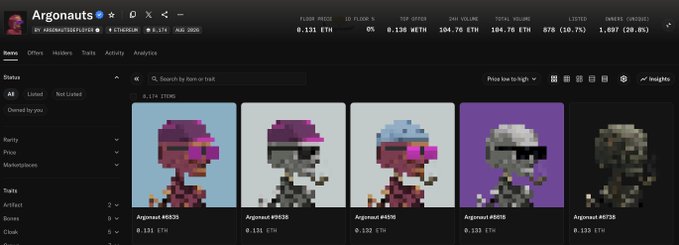 A screenshot of the Argonauts NFT collection page on a marketplace, displaying pixel-art character NFTs (Argonauts #8823, #8829, #8438, #8938, #8735) with their ETH prices.